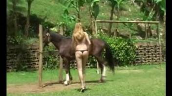 Topless beauty sucking on a stallion's cock