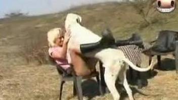Small-tit blondie zoophile fucks with a white doggy on the ground