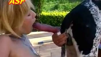 Golden-haired stunner slurping on a thick Dalmatian dong