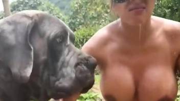 Sperm on face for this busty amateur woman after pure dog oral sex