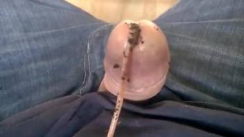 Man jerks off with worms in his erect penis