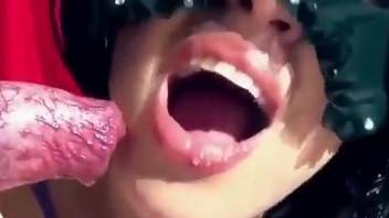 Big tits babes having fun with dog dicks in their mouth