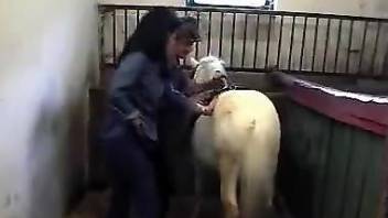Mature woman grabs the horse's dick for a few strokes