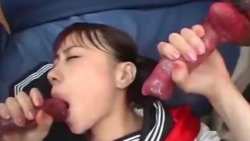 Asian babe has two dog dicks to choose from here