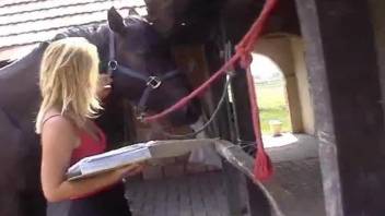 Tanned blonde in red gets destroyed by a horse cock