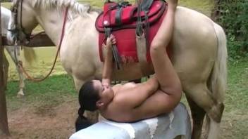 Chubby big-boobed Latina is sucking a huge pony cock at the farm